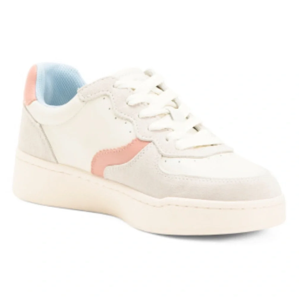 Soludos Roma Leather Lace Up Sneakers Size 8 White Pink Lt Blue New in Box